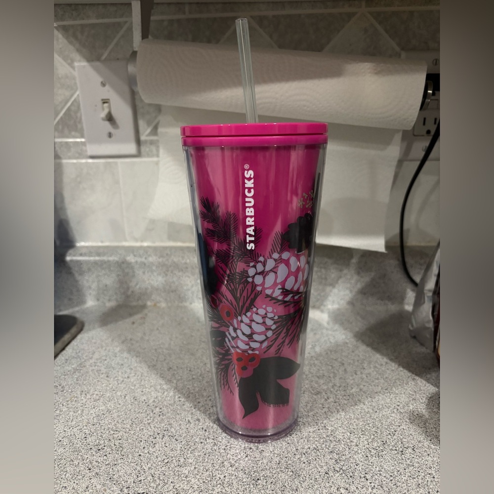 NWT Starbucks Pink Pinecone Travel Tumbler with Straw